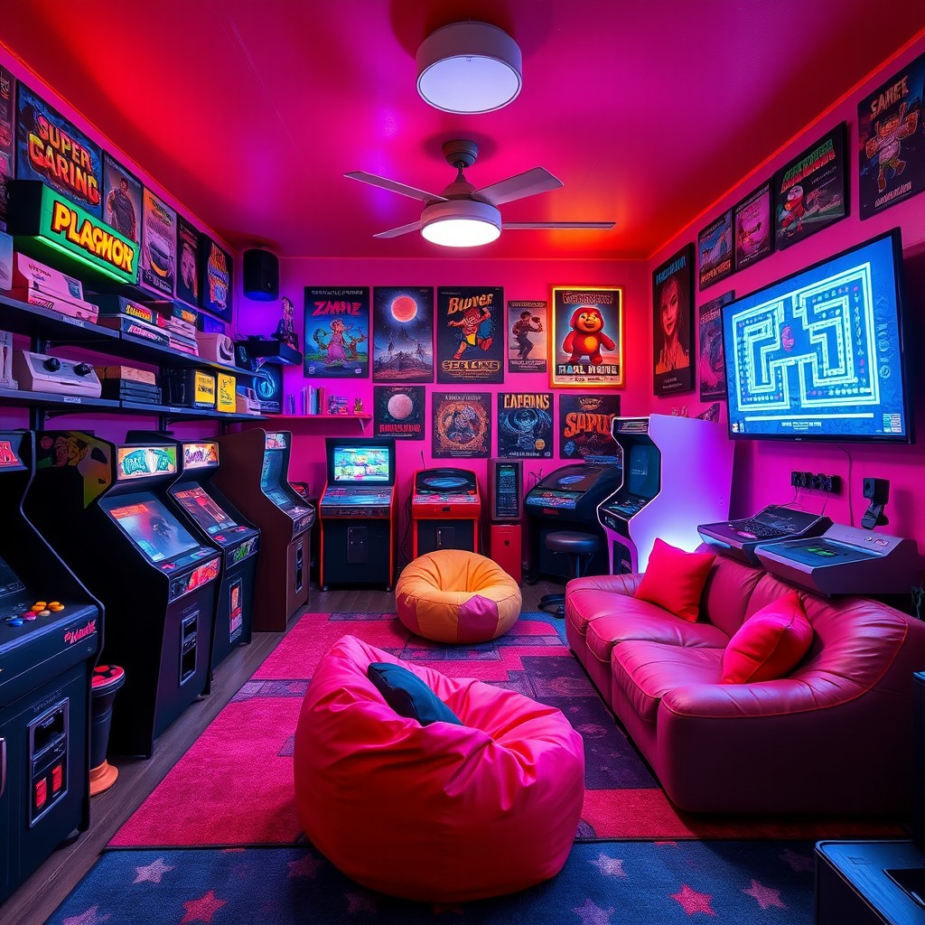 A vibrant retro game room filled with classic arcade games, colorful neon lights, and vintage gaming consoles