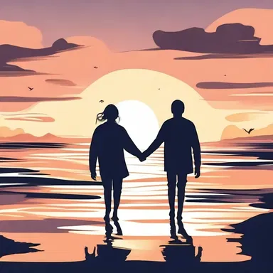 The illustration showed a couple holding hands and walking on a beach during sunset.