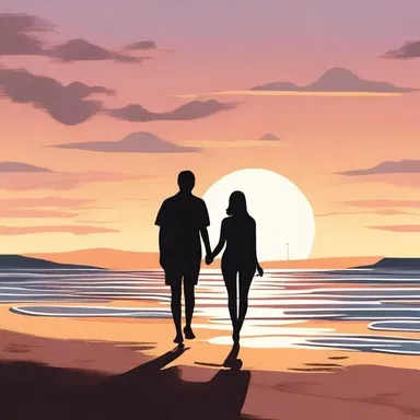 The illustration showed a couple holding hands and walking on a beach during sunset.