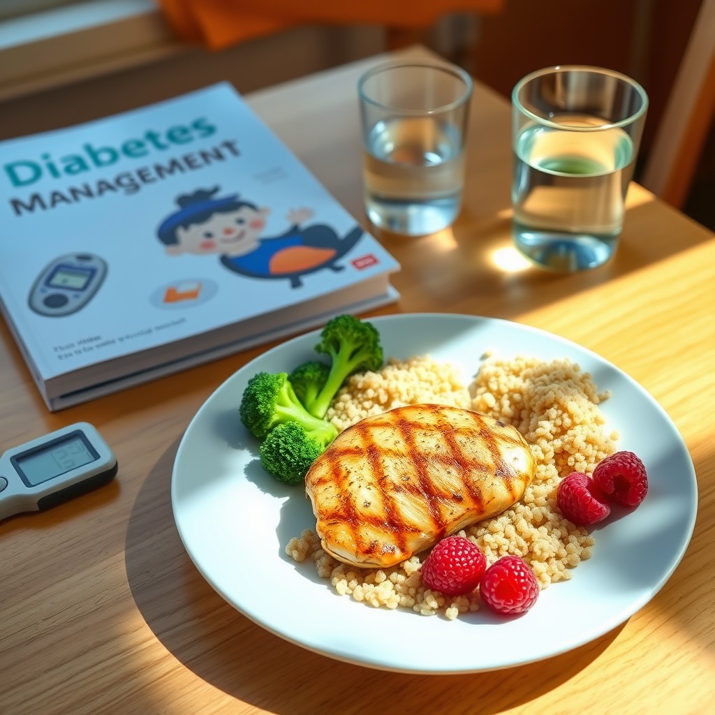 A serene and educational scene showing a healthy meal plan for diabetics, featuring a colorful plate with grilled chicken, steamed broccoli, quinoa, and a small portion of fresh berries