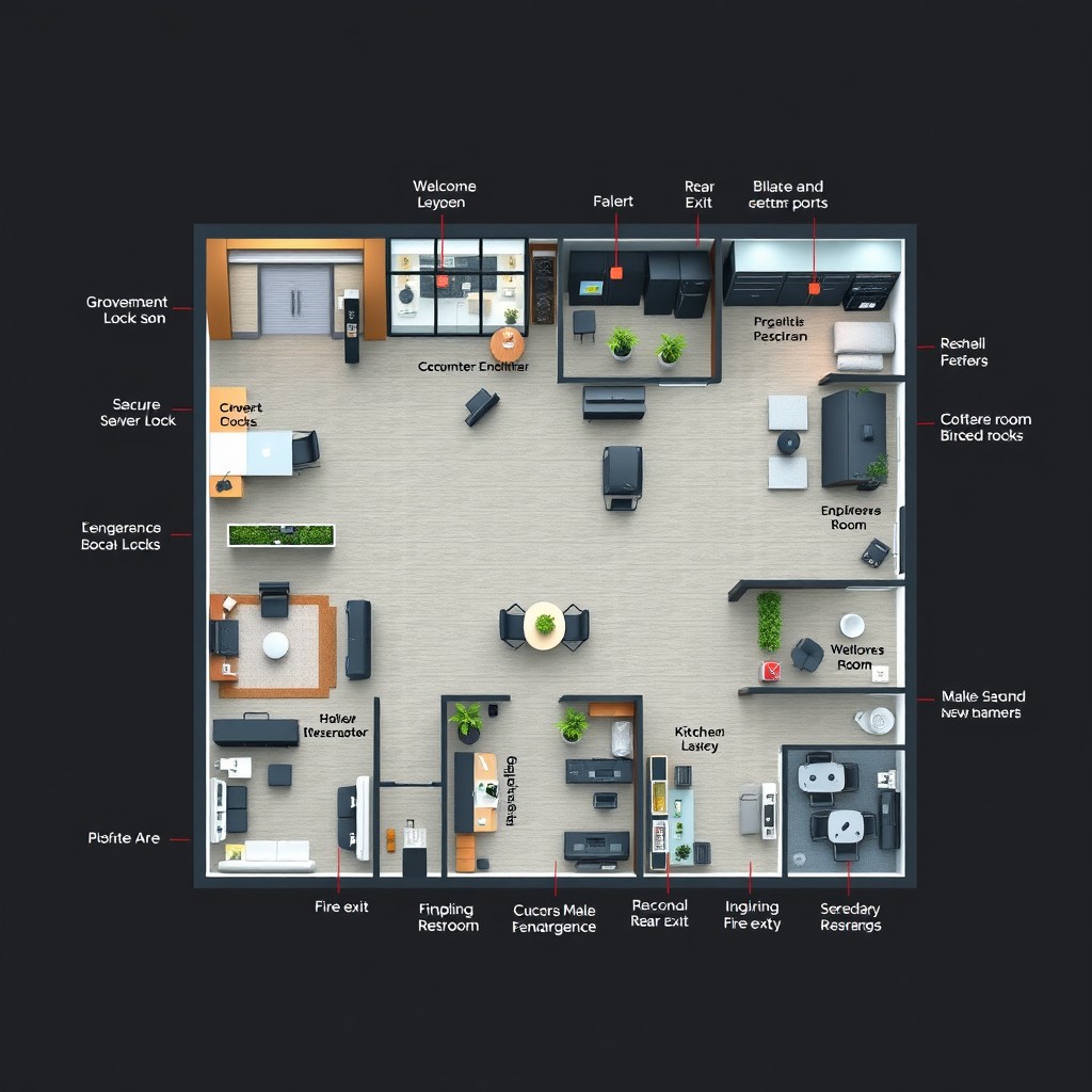 An intricate and modern office space layout showcasing various sections