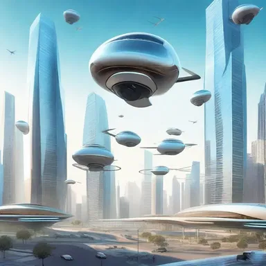The illustration depicted a futuristic city with flying cars and advanced technology.
