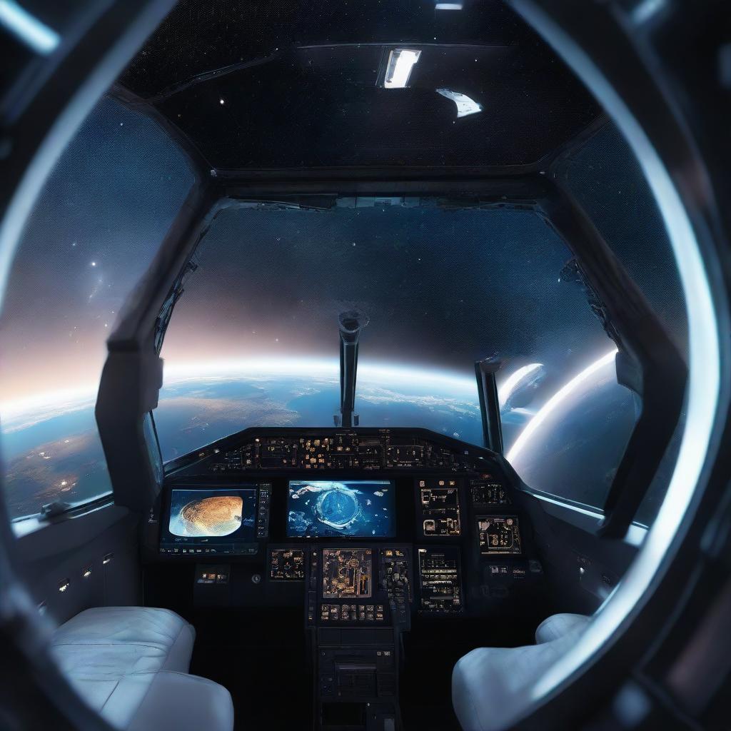 A cockpit view from a futuristic plane flying in Earth's orbit. The view outside showcases Earth's curvature along with myriad of stars and galaxies.