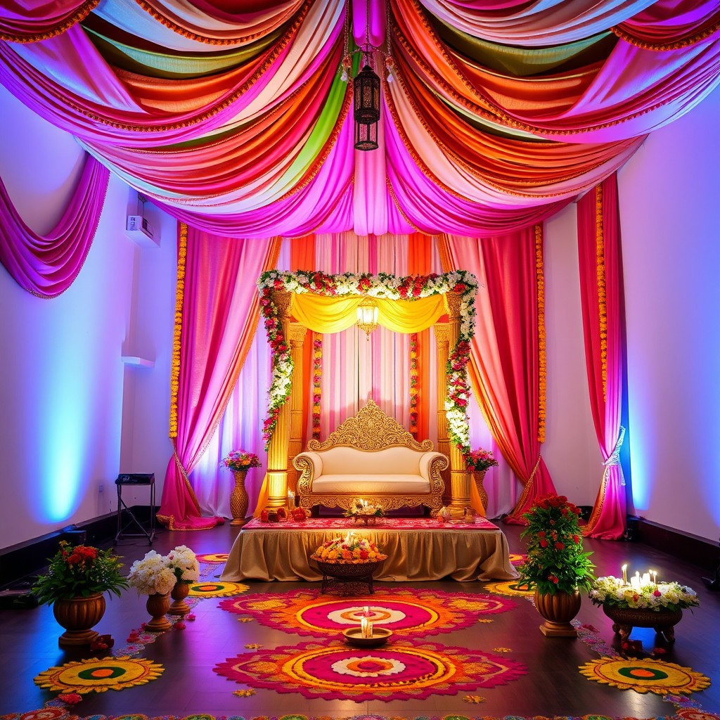 An elegant South Indian engagement decoration of a beautifully styled room featuring vibrant saree decor draped around the walls and ceiling
