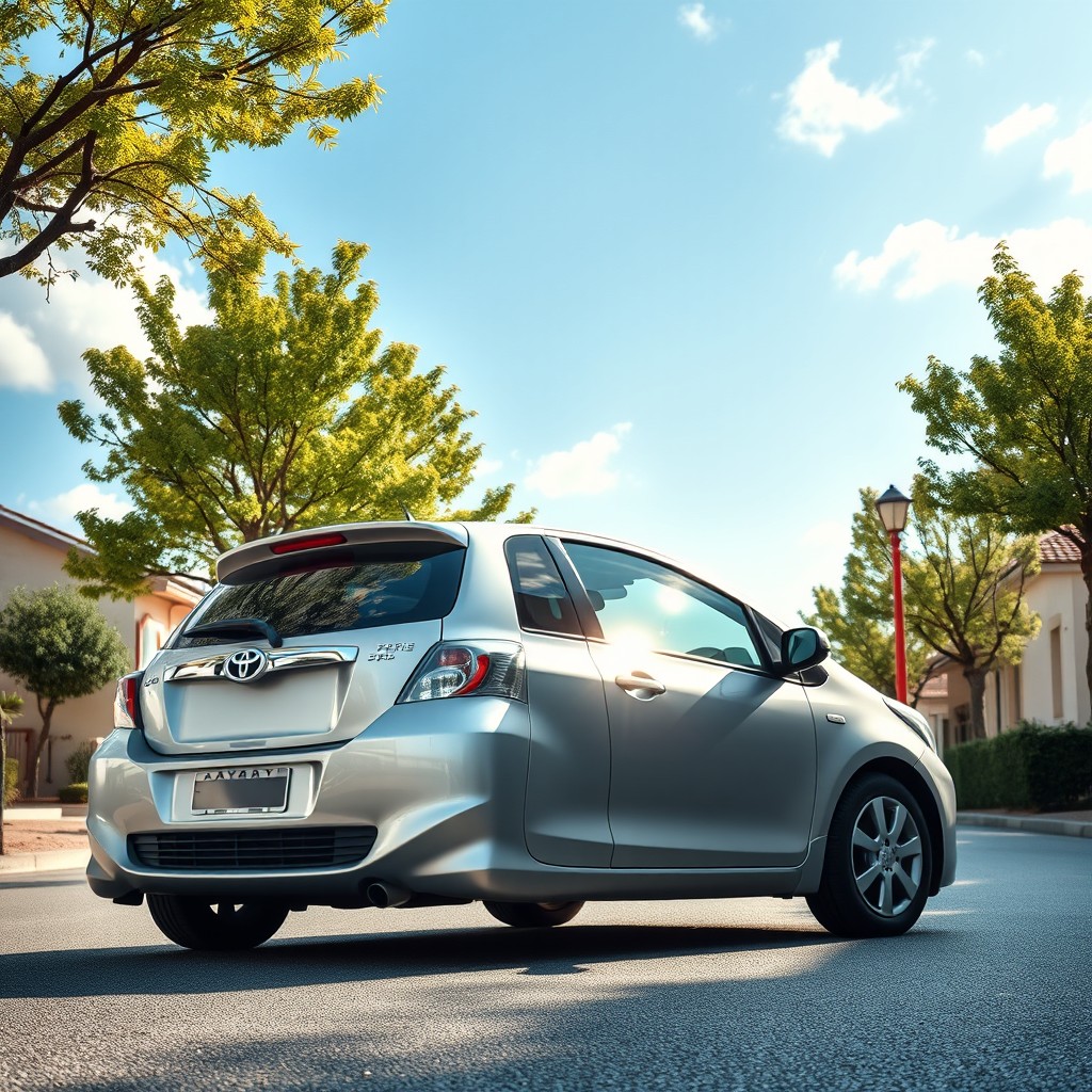 Una representación vibrante de un Toyota Yaris del año 2007 estacionado en una calle pintoresca