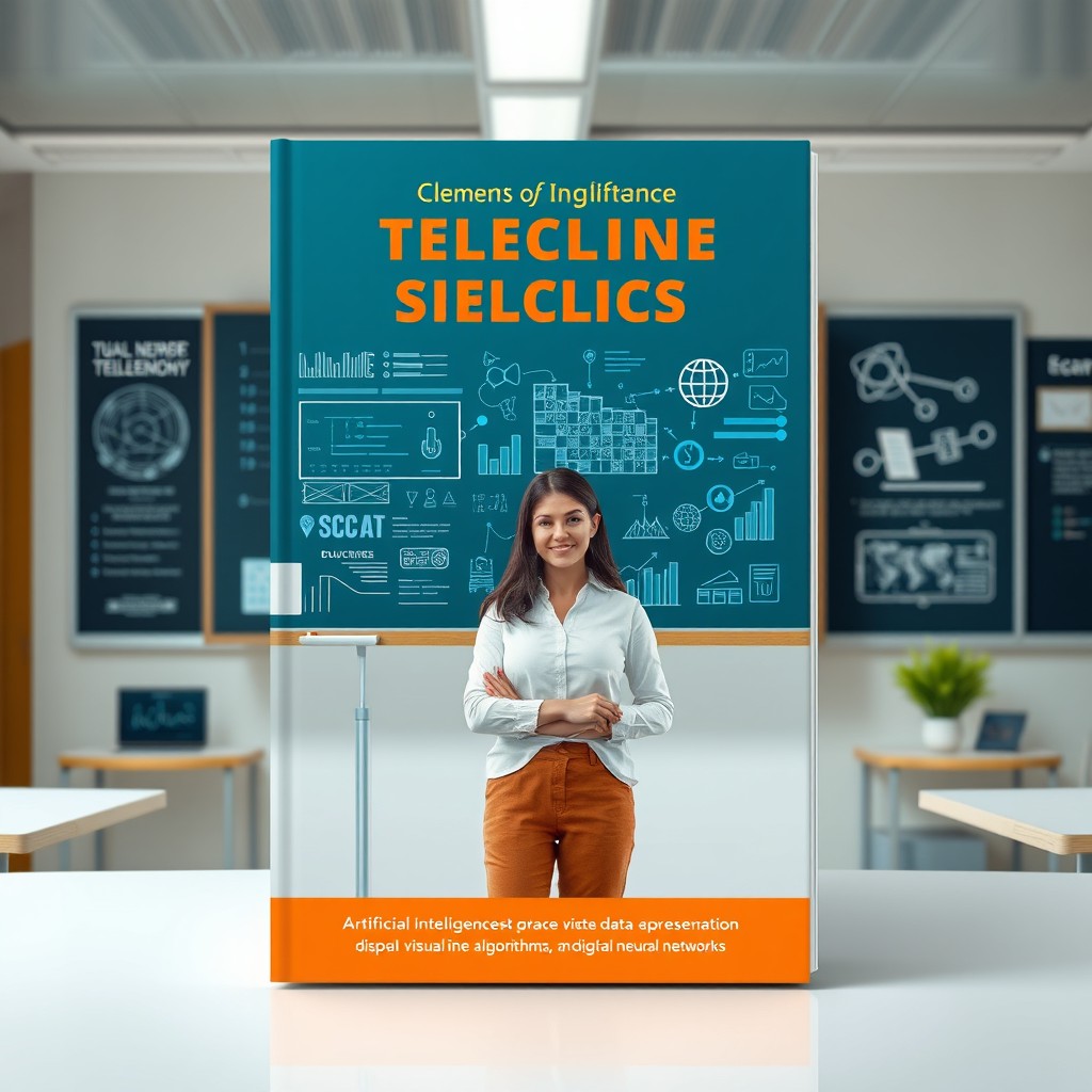 A cover design for an A4 book featuring a female teacher standing in front of a digital blackboard, showcasing elements of artificial intelligence such as visual data representation, algorithms, and digital neural networks