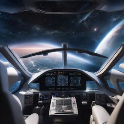 A cockpit view from a futuristic plane flying in Earth's orbit. The view outside showcases Earth's curvature along with myriad of stars and galaxies.