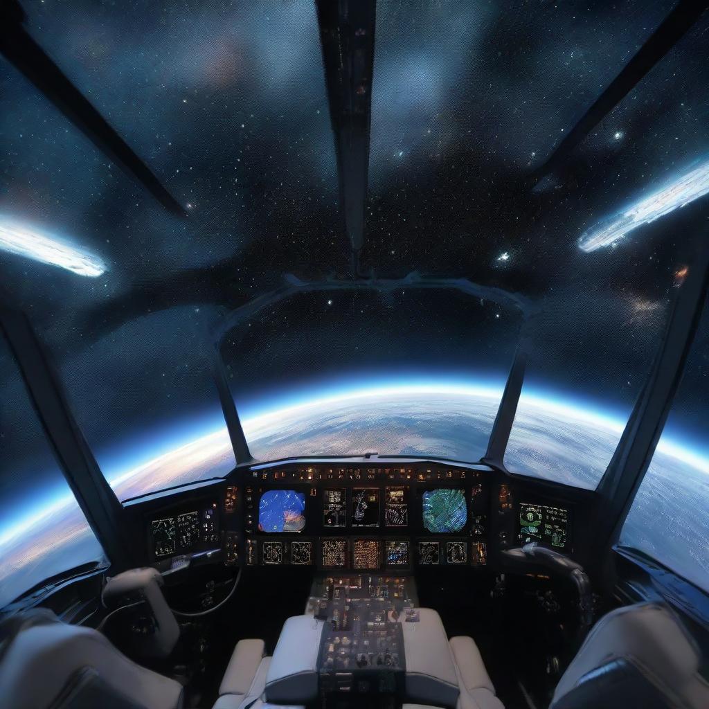 A cockpit view from a futuristic plane flying in Earth's orbit. The view outside showcases Earth's curvature along with myriad of stars and galaxies.