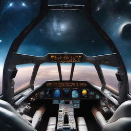 A cockpit view from a futuristic plane flying in Earth's orbit. The view outside showcases Earth's curvature along with myriad of stars and galaxies.