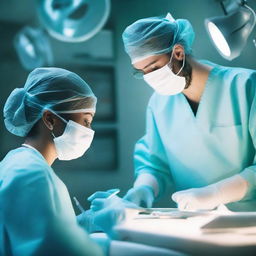 A skilled surgical technologist in sterile scrubs assisting during a complex surgical procedure, passing instruments to a surgeon under the bright operating room lights