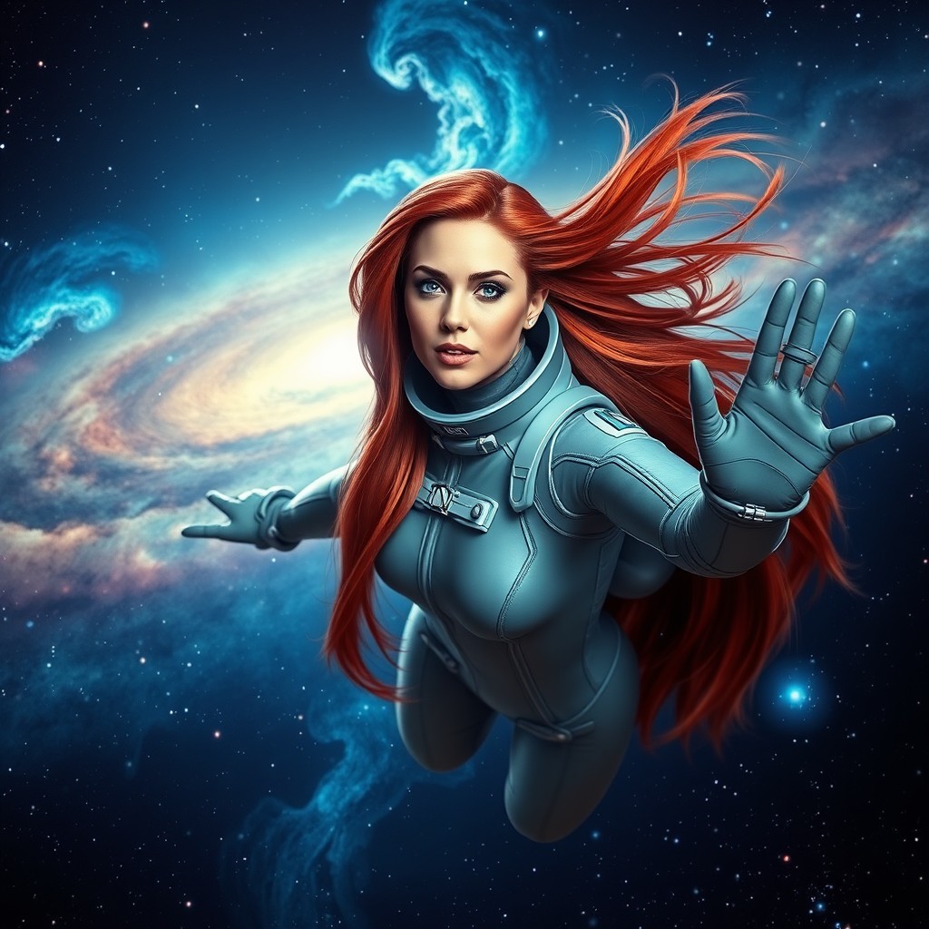 A stunningly beautiful woman with long, fiery red hair and mesmerizing blue eyes, gracefully flying through the vastness of space