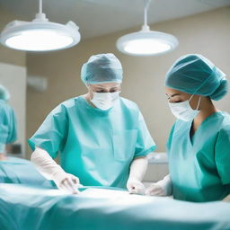 A skilled surgical technologist in sterile scrubs assisting during a complex surgical procedure, passing instruments to a surgeon under the bright operating room lights