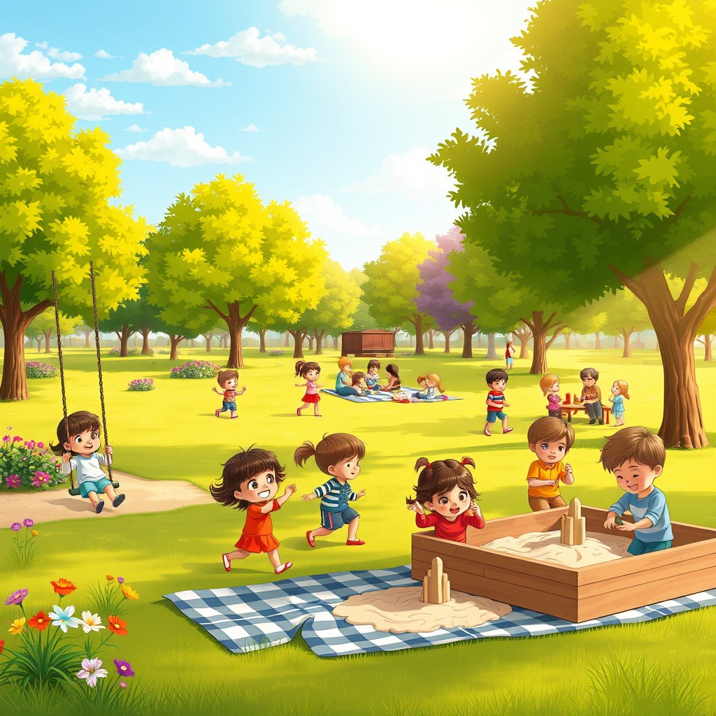 A vibrant scene depicting children joyfully playing in a basic park