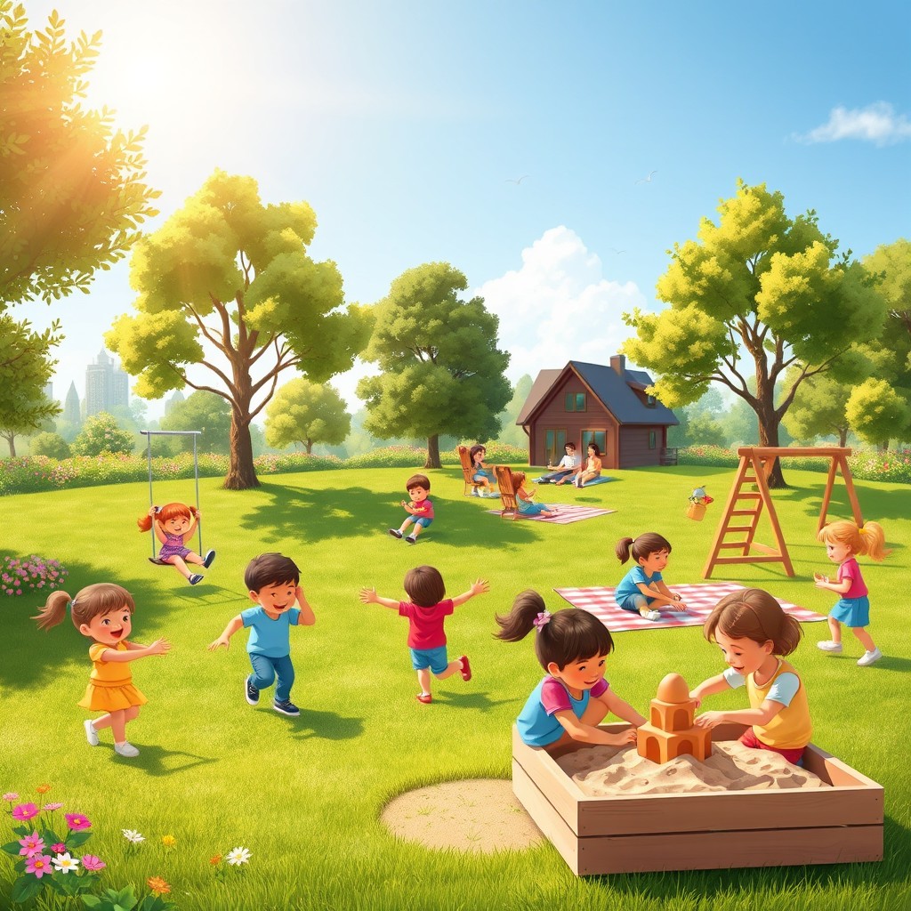 A vibrant scene depicting children joyfully playing in a basic park, designed in a 6 by 9 aspect ratio