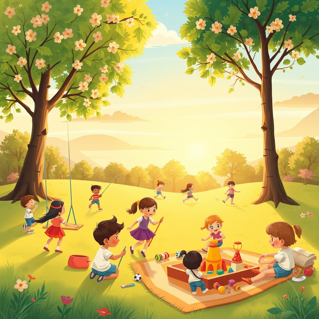 An enchanting back cover illustration for a children's book, showcasing a lively park scene where diverse children are playing joyfully