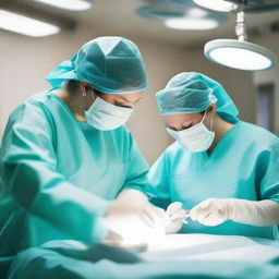 A skilled surgical technologist in sterile scrubs assisting during a complex surgical procedure, passing instruments to a surgeon under the bright operating room lights