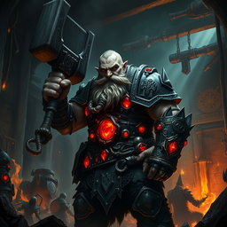 A dark dwarf cleric of the forge, depicted in a mystical and dramatic atmosphere