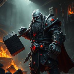 A dark dwarf cleric of the forge, depicted in a mystical and dramatic atmosphere