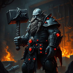 A dark dwarf cleric of the forge, depicted in a mystical and dramatic atmosphere