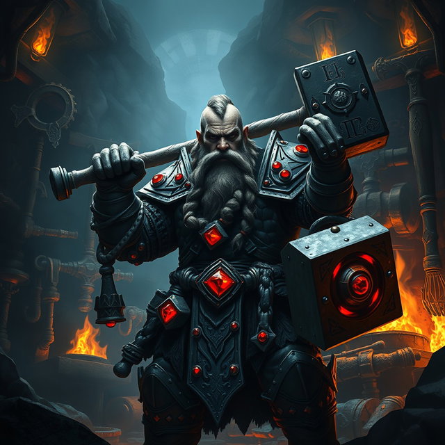 A dark dwarf cleric of the forge, depicted in a mystical and dramatic atmosphere