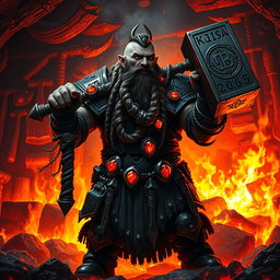A dark dwarf cleric of the forge, depicted in a fiery, mystical atmosphere
