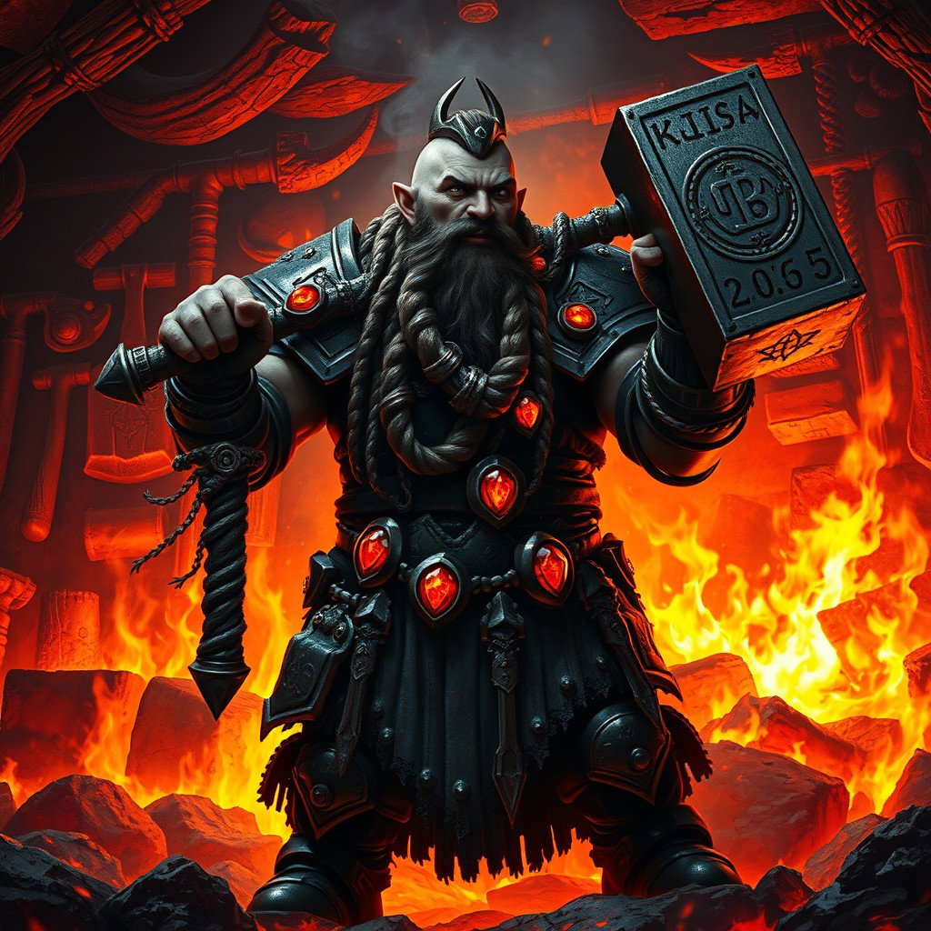 A dark dwarf cleric of the forge, depicted in a fiery, mystical atmosphere