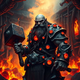 A dark dwarf cleric of the forge, depicted in a fiery, mystical atmosphere