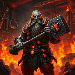 A dark dwarf cleric of the forge, depicted in a fiery, mystical atmosphere