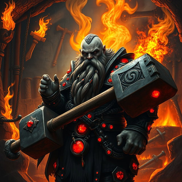 A dark dwarf cleric of the forge, depicted in a fiery, mystical atmosphere