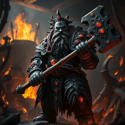A dark dwarf cleric of the forge inspired by Warhammer Chaos Dwarves, portrayed in a mystical and powerful atmosphere