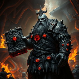 A dark dwarf cleric of the forge inspired by Warhammer Chaos Dwarves, portrayed in a mystical and powerful atmosphere