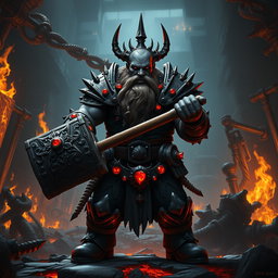 A dark dwarf cleric of the forge inspired by Warhammer Chaos Dwarves, portrayed in a mystical and powerful atmosphere