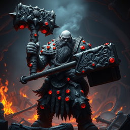 A dark dwarf cleric of the forge inspired by Warhammer Chaos Dwarves, portrayed in a mystical and powerful atmosphere