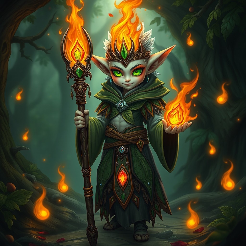 A fantasy character concept featuring a silver-skinned aasimar halfling druid with elements of wildfire