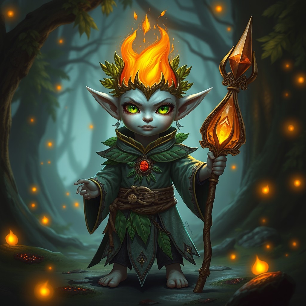A fantasy character concept featuring a silver-skinned aasimar halfling druid with wildfire attributes, specifically emphasizing their small stature