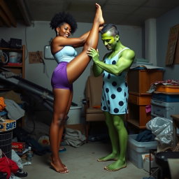 A captivating scene depicting a five foot 6 woman resembling Kellie Shanygne Williams standing barefoot in a messy basement