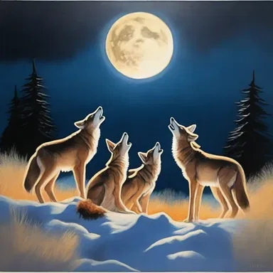 The painting titled 'Coyotes in the Moonlight' beautifully depicts a group of coyotes howling under a mesmerizing full moon.