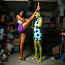 A captivating scene depicting a five foot 6 woman resembling Kellie Shanygne Williams standing barefoot in a messy basement