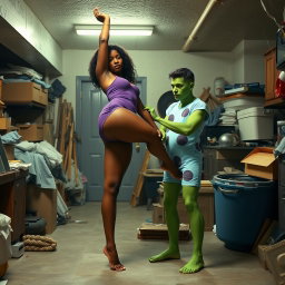 A captivating scene depicting a five foot 6 woman resembling Kellie Shanygne Williams standing barefoot in a messy basement