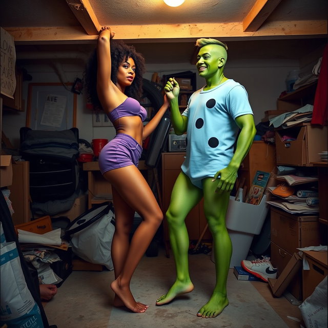 A captivating scene depicting a five foot 6 woman resembling Kellie Shanygne Williams standing barefoot in a messy basement