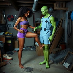A scene depicting five foot 6 Kellie Shanygne Williams standing barefoot with her sexy legs lifted up higher, wearing purple shorts