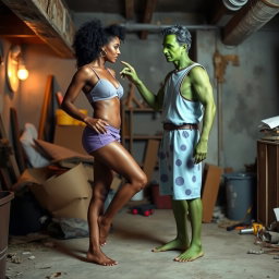 A scene depicting five foot 6 Kellie Shanygne Williams standing barefoot with her sexy legs lifted up higher, wearing purple shorts