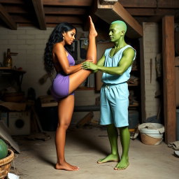 A scene depicting five foot 6 Kellie Shanygne Williams standing barefoot with her sexy legs lifted up higher, wearing purple shorts