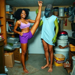A whimsical scene in a messy basement featuring Kellie Shanygne Williams, who is 5 foot 6, smiling brightly as she stands barefoot in purple shorts