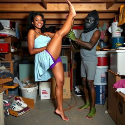 A whimsical scene in a messy basement featuring Kellie Shanygne Williams, who is 5 foot 6, smiling brightly as she stands barefoot in purple shorts