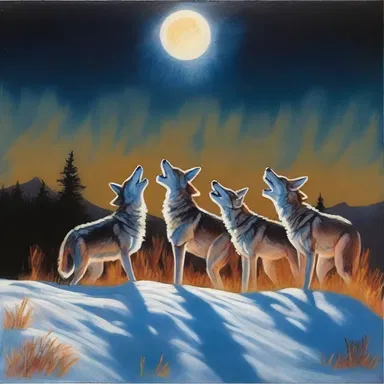 The painting titled 'Coyotes in the Moonlight' beautifully depicts a group of coyotes howling under a mesmerizing full moon.