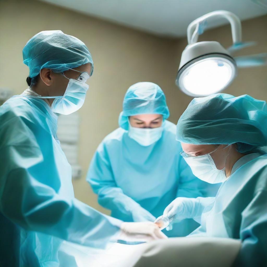 A skilled surgical technologist in sterile scrubs assisting during a complex surgical procedure, passing instruments to a surgeon under the bright operating room lights