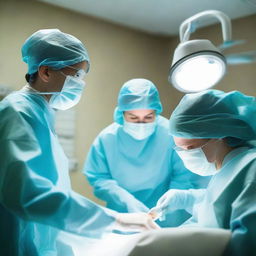 A skilled surgical technologist in sterile scrubs assisting during a complex surgical procedure, passing instruments to a surgeon under the bright operating room lights