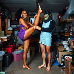 A whimsical scene in a messy basement featuring Kellie Shanygne Williams, who is 5 foot 6, smiling brightly as she stands barefoot in purple shorts