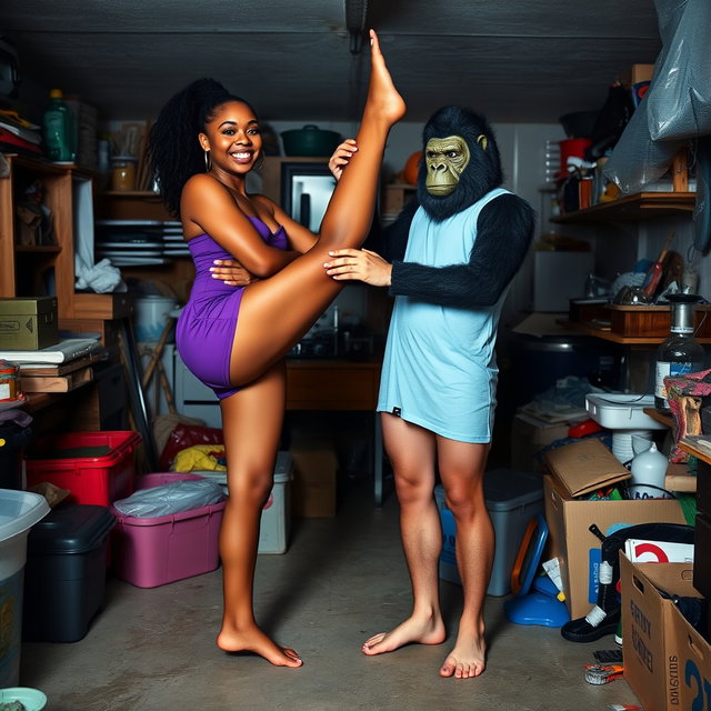 A whimsical scene in a messy basement featuring Kellie Shanygne Williams, who is 5 foot 6, smiling brightly as she stands barefoot in purple shorts